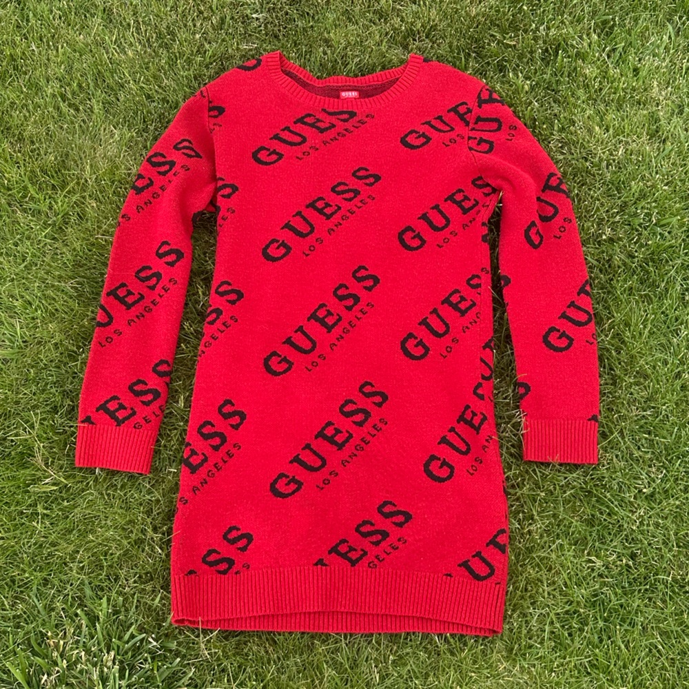 Guess Diagonal Logo Long Sleeve Knitted Mini Short Shirt Red Black Sweater Dress